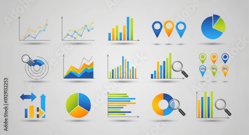Diverse data visualization icons representing business analytics and information analysis.