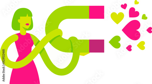 Woman Attracting Hearts with Giant Magnet Social Media Concept