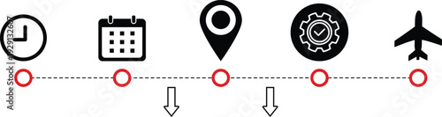 Travel Itinerary Timeline With Schedule Icons, Calendar, Map Pin, Clock and Airplane