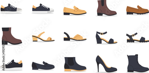 Assortment of Footwear: A comprehensive collection of various shoe styles. Each pair perfectly captures the diverse footwear spectrum.