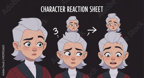 Character reaction sheet showing different emotional expressions and reactions.