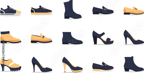 Footwear Fashion Collection: A diverse compilation of footwear showcasing a variety of shoe styles, each meticulously crafted and designed to embody elegance and functionality.