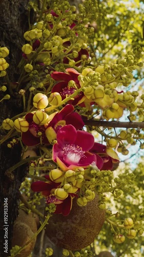 Camera footage of cannonball tree flower (Couroupita guianensis) blooming on branch. Vibrant pink and yellow tropical blossom with golden backlight and soft bokeh background.