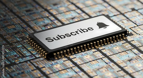 Integrated subscribe button on a microchip, symbolizing technology and digital subscriptions.