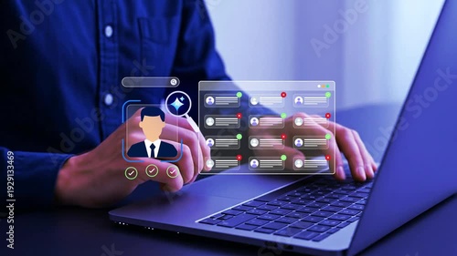 Automated resume screening and candidate evaluation using AI. Businessman using AI recruitment system for smart hiring, human resources management technology and automation in business