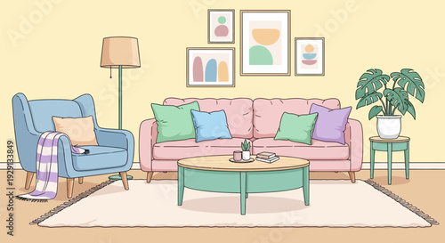 Cozy living room with pastel sofa and armchair