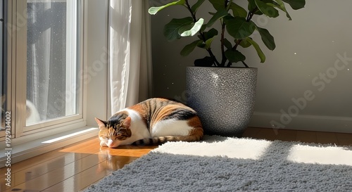 Wallpaper Mural Cat relaxing in sunlight near window and potted plant Torontodigital.ca