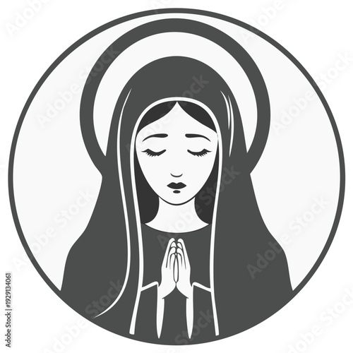 Iconic Illustration of a Woman in Prayer with Halo in Round Frame Simple Religious Symbol