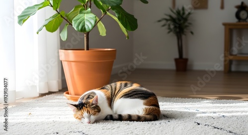 Wallpaper Mural Cat resting near potted plant on a patterned rug interior daylight scene Torontodigital.ca