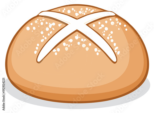 Cartoon vector illustration of a freshly baked bread roll or hot cross bun with a white cross topping