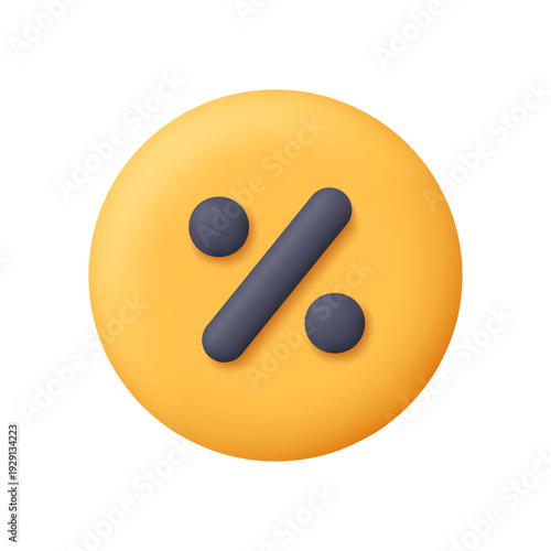 Black percent symbol on yellow circle button. Percentage, discount, sale, promotion, financial calculation concept. 3d vector icon. Cartoon minimal style.