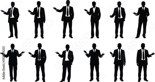 Business man silhouette set, professional manager in formal suit presenting and standing poses collection, cad drawing flat vector illustration, corporate office worker icons