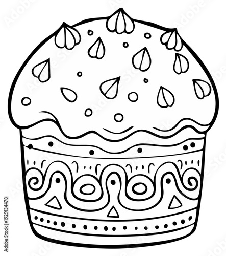 Ornate Black and White Outline Illustration of a Decorated Easter Cake with Swirls and Hearts