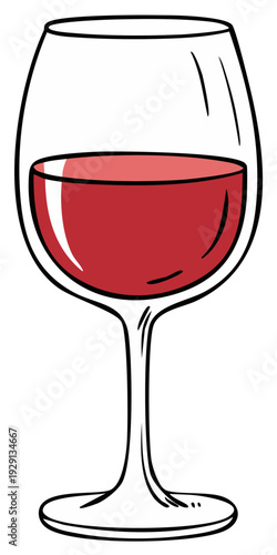 Hand-drawn cartoon illustration of a glass of red wine isolated on a white background.
