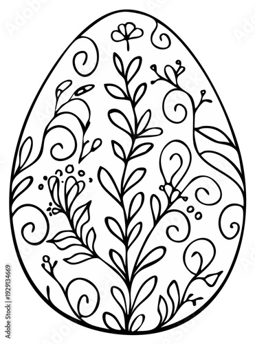 Ornate floral Easter egg black and white line art for coloring