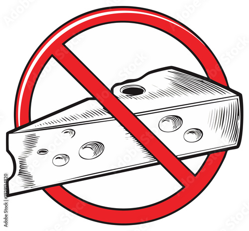 No Cheese Symbol with Slice of Swiss Cheese in Red Prohibition Sign