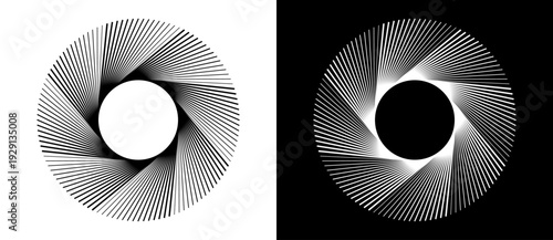 Geometric radial aperture burst with spiral line pattern. Minimalist monochrome shutter iris in black and white versions. Perfect for photography, tech, and architectural design icons.