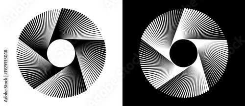 Geometric radial aperture burst with spiral line pattern. Minimalist monochrome shutter iris in black and white versions. Perfect for photography, tech, and architectural design icons.
