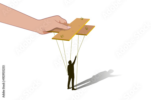 A hand holds a human doll with manual controls on a white background, a marionette, vector. Color image.	