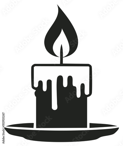 Simple Black and White Icon of a Lit Candle with Melting Wax