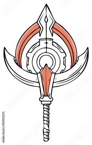 Fantasy Weapon Illustration Featuring Gear, Crescent Blades, and Twisted Grip Handle