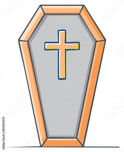 Cartoon depiction of closed coffin with Christian cross, suitable for Halloween theme