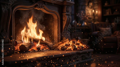 Fantasy Fireplace with Magical Runes and Burning Embers