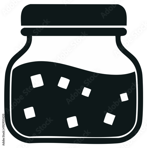 Jar with Liquid and Cubes Silhouette, Black and White Graphic Illustration for Preserves, Storage, or Science