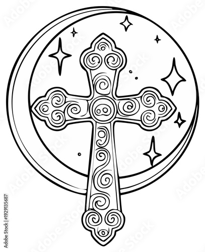Ornate Christian Cross with Crescent Moon and Stars