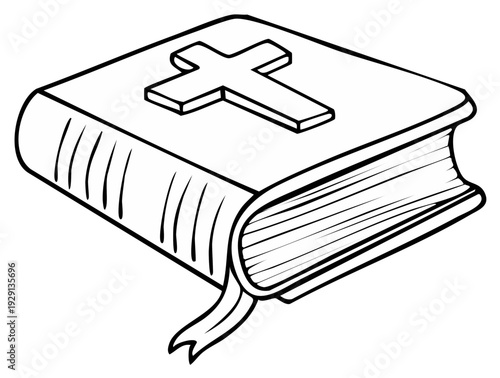 Illustration of a Holy Bible with Cross and Ribbon, Black and White