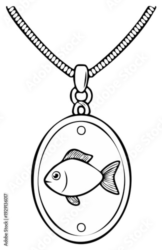 Oval locket necklace featuring a stylized fish design inside a simplified line art illustration