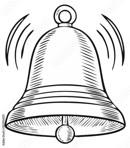Illustration of a bell ringing with sound waves depicted as lines, simple design