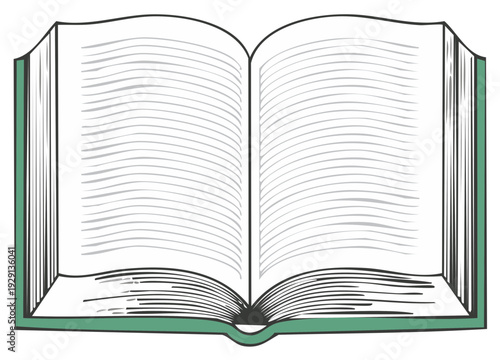Classic Open Book with Green Cover and Text Lines Vector Illustration