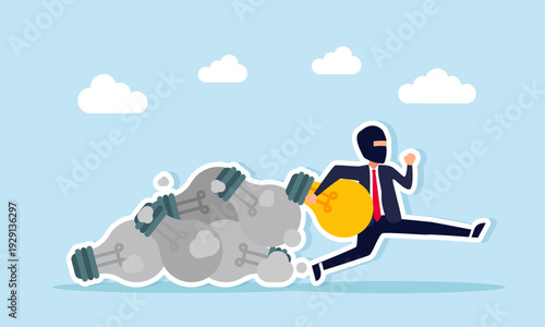 Thief stealing light bulb near many broken bulbs illustration of stealing competitor business ideas and innovation