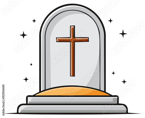 Illustration of a Grave Stone With a Simple Cross. Burial place with religious symbol of faith and everlasting life. Cartoon gravestone icon. Grave on a white background