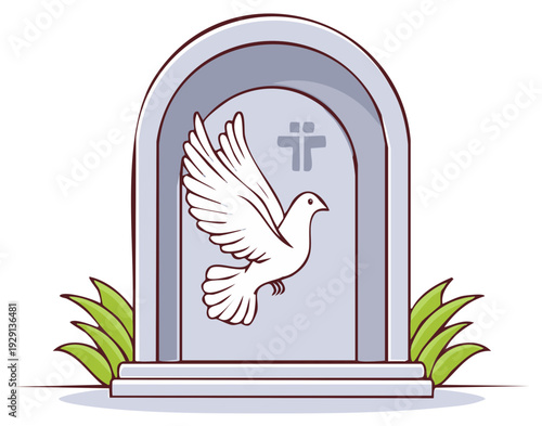 White dove flying in front of a gray gravestone with a cross symbol and green grass