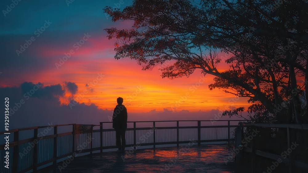 Fototapeta premium Silhouette of a person on a scenic lookout deck watching a vibrant colorful sunset above clouds framed by tree branches.