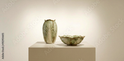 Ceramic vase and bowl with stylized cabbage leaf texture on a pedestal. Decorative tableware for home decor and cabbagecore aesthetic.