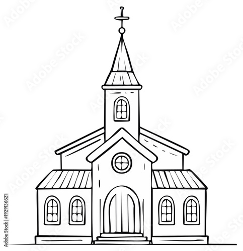Cartoon Drawing of Church Building with Tower, Windows and Cross on Top, Isolated on White Background