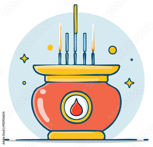Asian altar offering with burning candles stands decorated with geometric stars and circles in spiritual and colorful cartoon illustration