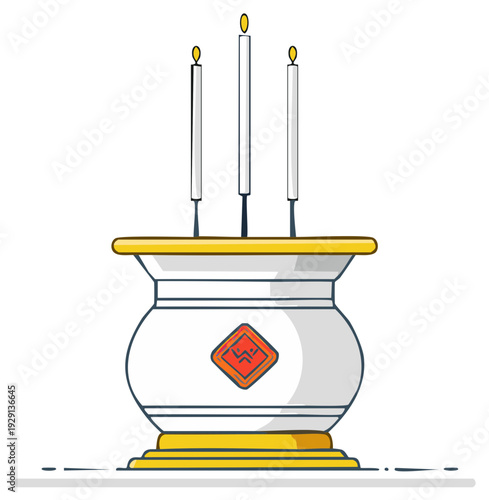 Candle holder illustration, three burning candles, with an Asian cultural symbol.