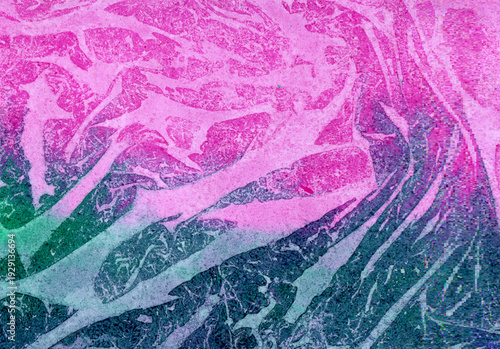 Watercolor Vibrant pink and teal abstract background with distressed grunge texture, organic shapes, and artistic paint effect for creative design use.