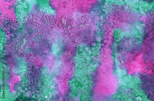 Scanned handmade watercolor painting with blended pink, purple and green pigments, organic abstract texture background for creative design projects.