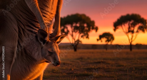 Wallpaper Mural Kangaroo and joey at sunset in a natural outdoor environment Torontodigital.ca
