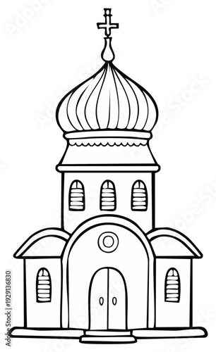 Hand drawn Orthodox church with an onion dome, black and white line art for coloring book page