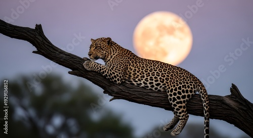 Wallpaper Mural Leopard resting on tree branch against a full moon wildlife photography Torontodigital.ca