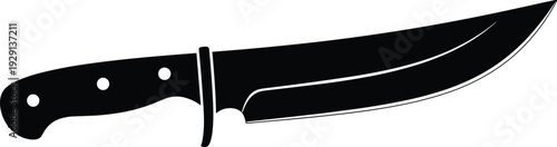 Silhouette of Bowie knife with clip point blade and riveted handle, black and white hunting survival tool illustration, outdoor gear vector artwork