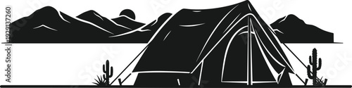 Silhouette of camping tent with desert plants, cactus, mountains, and sun, black and white outdoor adventure illustration, nature exploration vector artwork design