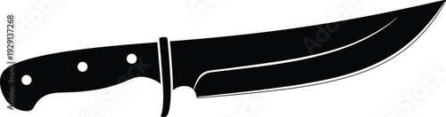 Silhouette of chef knife with curved blade and riveted handle, black and white kitchen tool illustration, hunting knife design, culinary equipment vector artwork