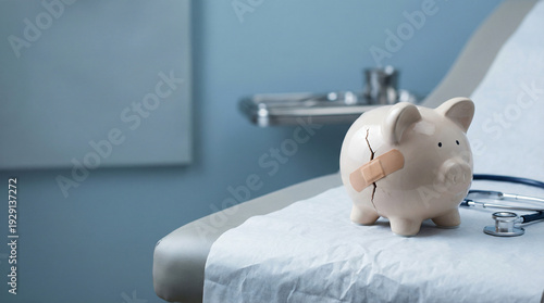Cracked Piggy Bank with Bandage Represents Financial Strain in Healthcare Context